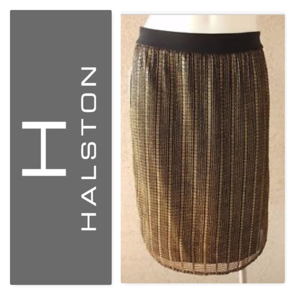 H HALSTON Gold Metallic Overlay Skirt Evening Wear